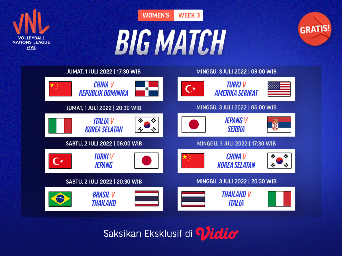 Live Streaming Turki vs Amerika Serikat Big Match VNL 2022 Putri Vidio
