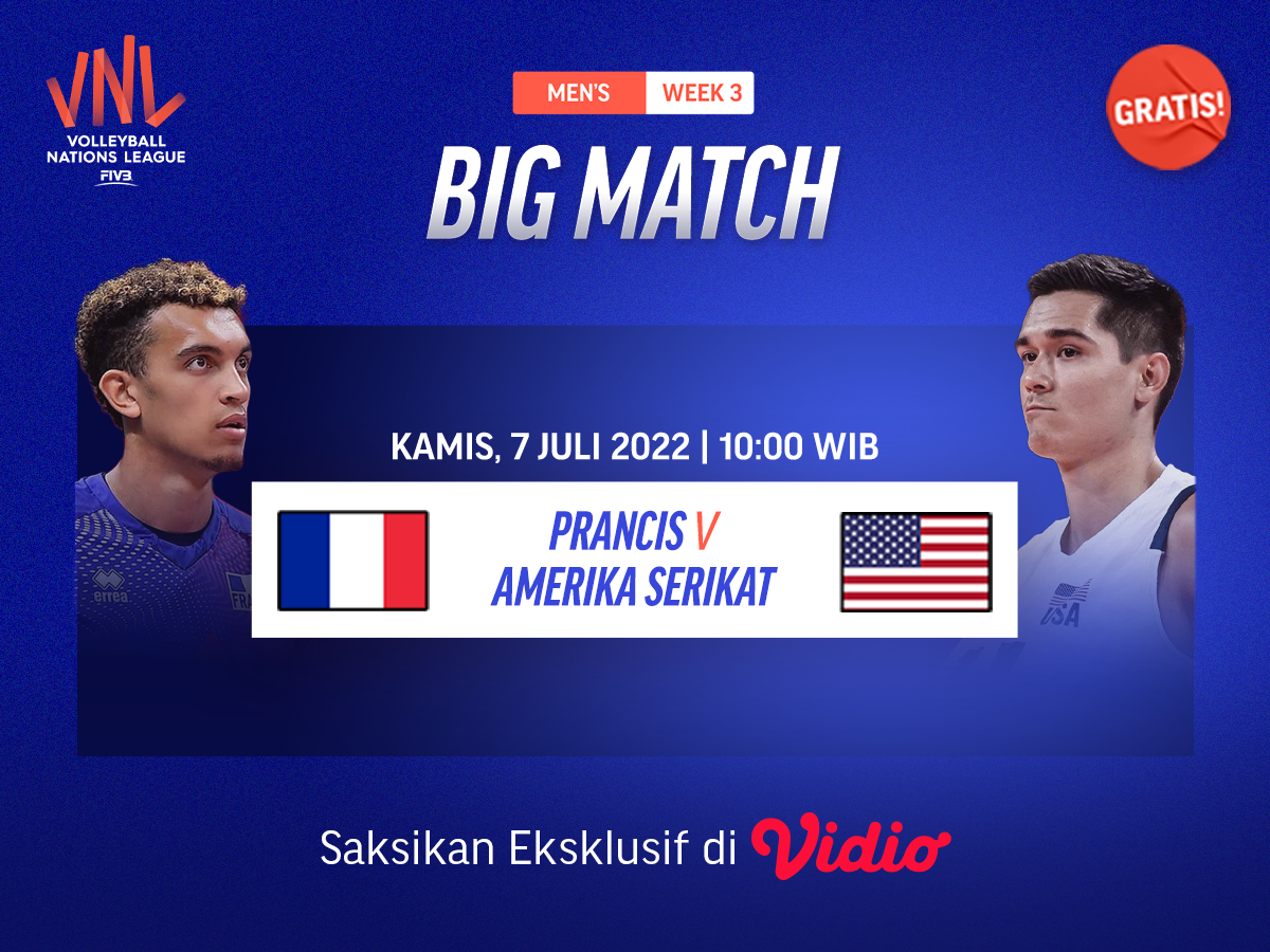 Live Streaming Prancis vs Amerika Serikat di VNL 2022 Putra Vidio